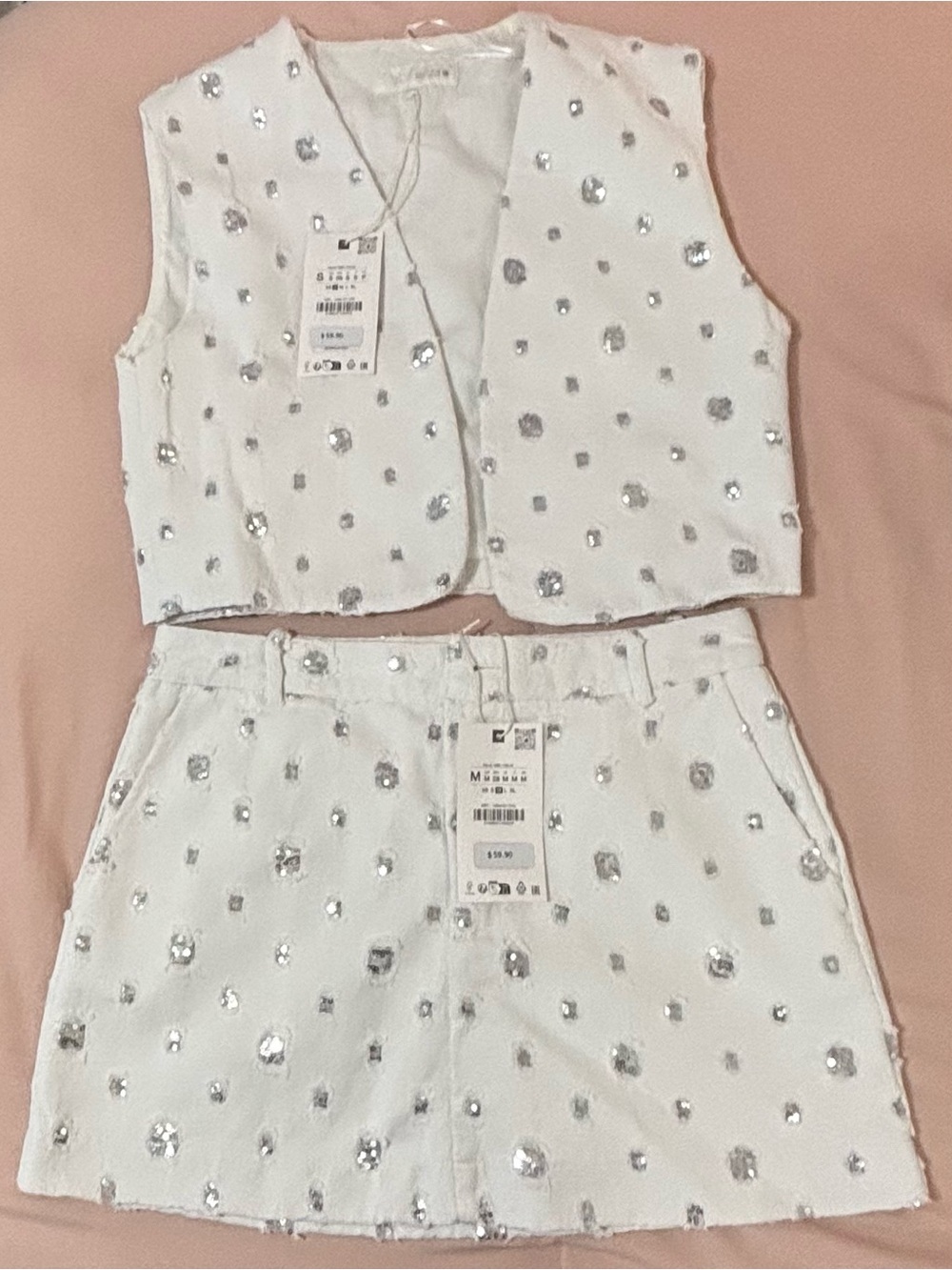 Zara White Embellished Crop Vest and Mini Skirt Set